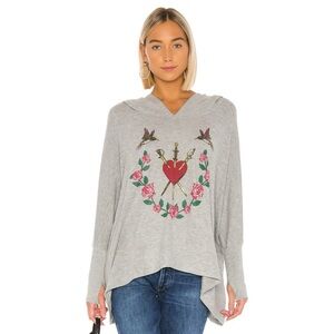 Lauren Moshi Wilma Oversized Pullover Hoodie Sword Heart Roses Bird Size XS/S